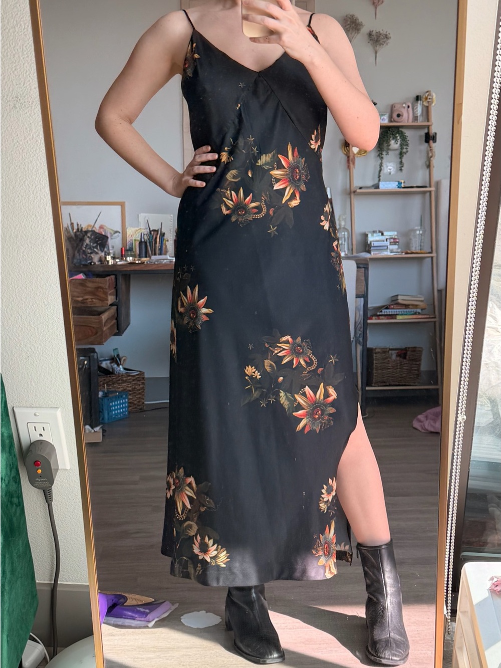 All Saints Black Slip Dress with Orange Floral Sunflower Print - Picture 2 of 4